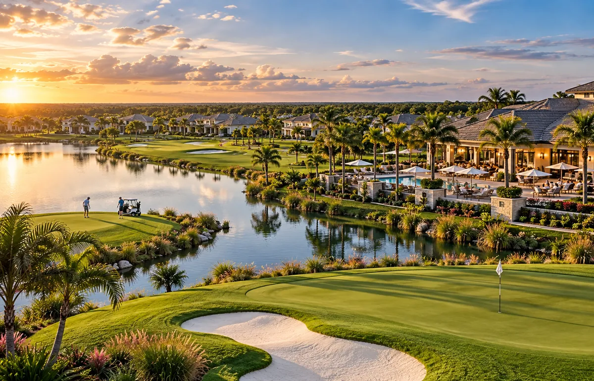 Golf course and lake at sunset beside a resort clubhouse terrace with outdoor dining in a Naples style community