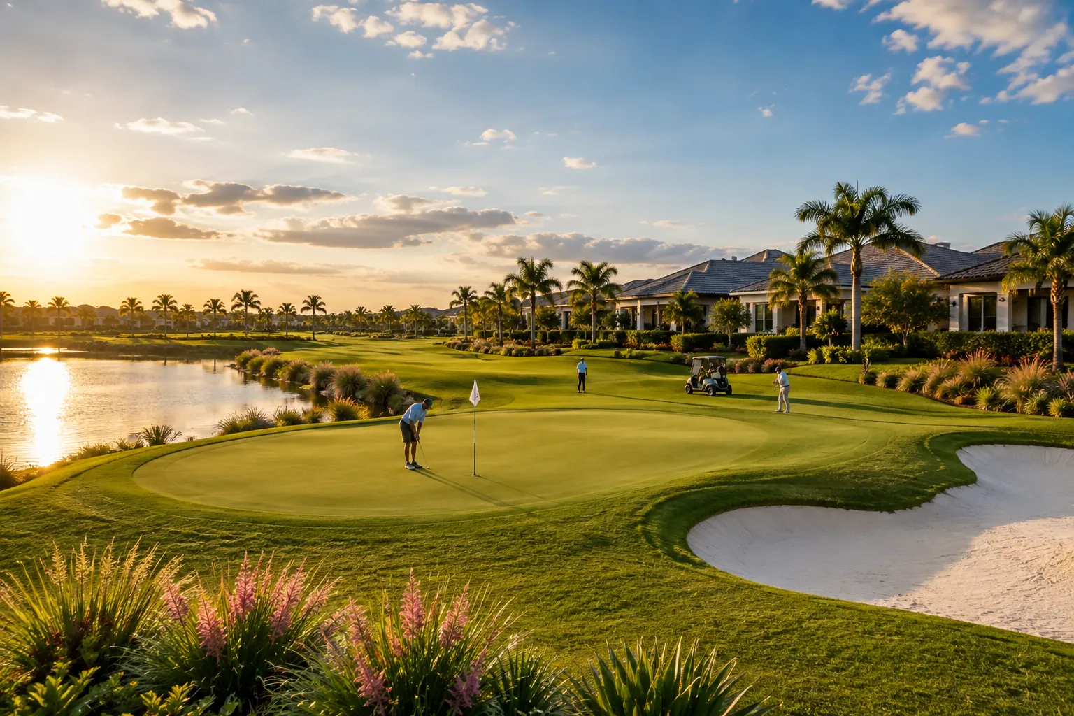 Golfers on a manicured green beside a lake at sunset with homes and palms along the fairway