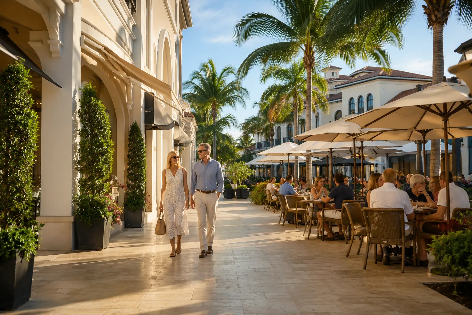 Couple walking past sidewalk cafes and palm lined storefronts on a sunny Naples, Florida shopping street