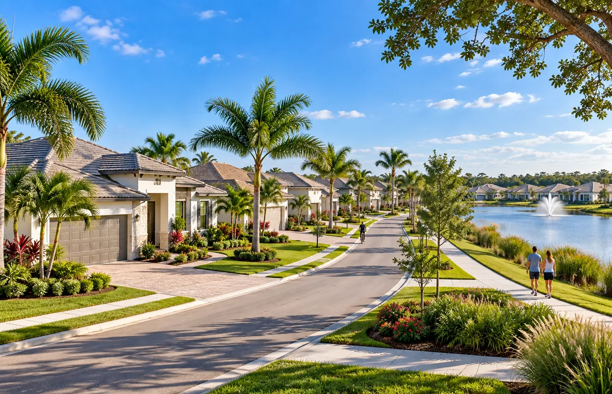 Palm lined residential street with new single family homes, a lake and a fountain in a Naples style community