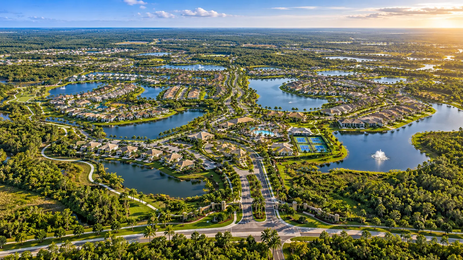 Aerial view of a Naples area master planned village showing neighborhoods, lakes, green corridors and a central amenity area