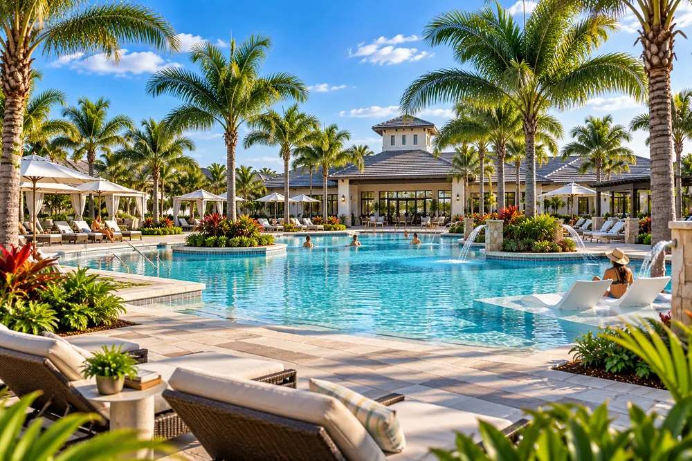 Resort style swimming pool lined with palms, loungers and cabanas beside a community clubhouse