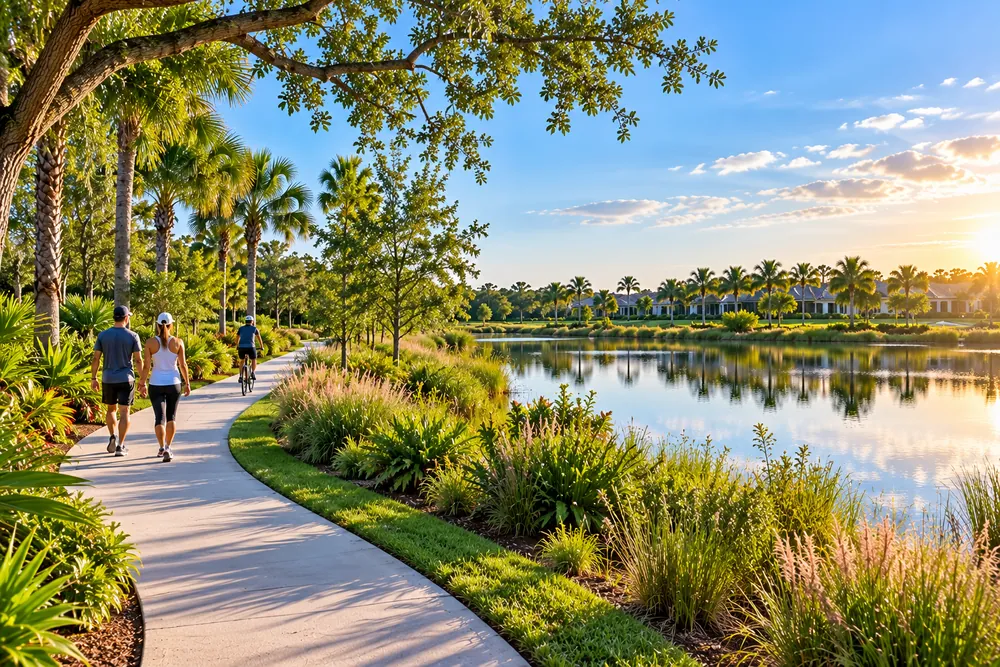 Curving paved trail beside a lake with walkers, a cyclist, native plantings and palms at golden hour